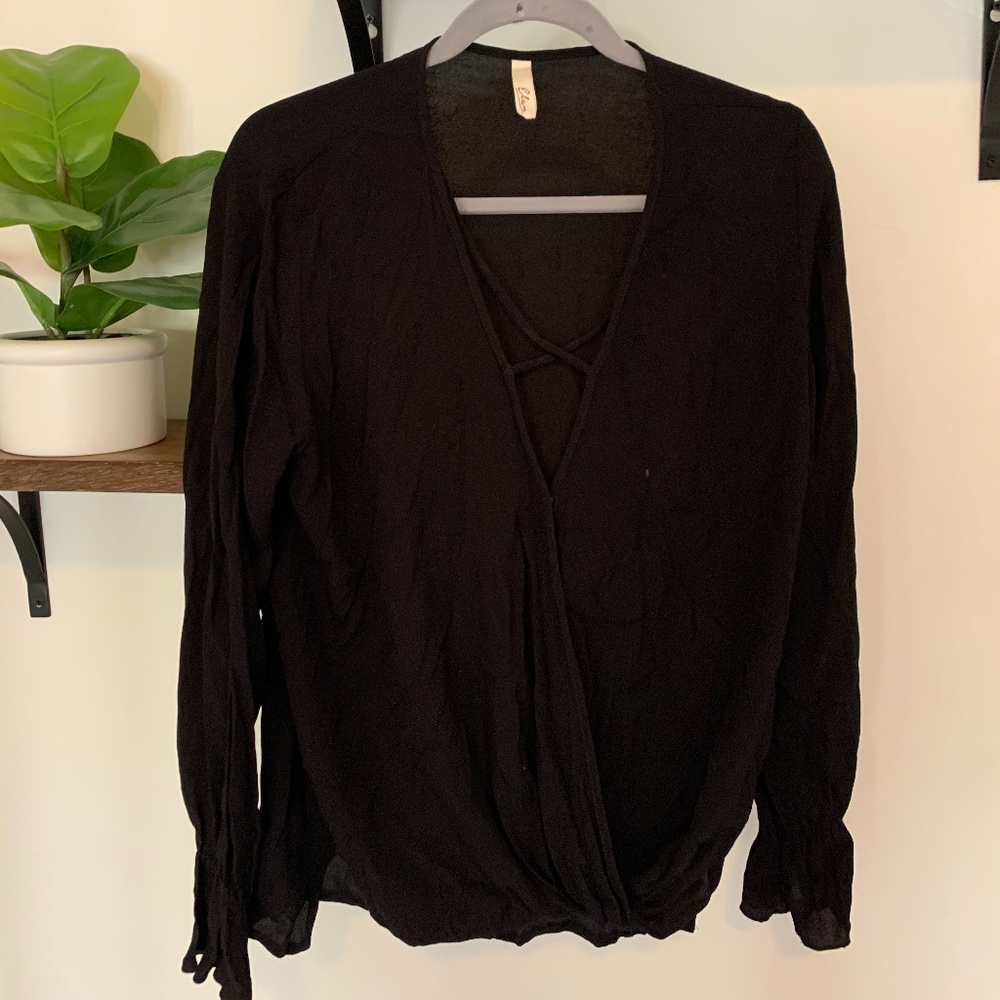 Elan Criss Cross Black Blouse